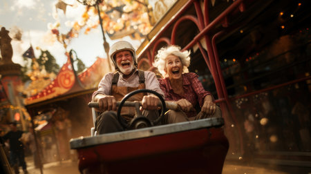 Elderly couple enjoying a thrilling roller coaster ride in an amusement park during fall. Feelings of adventure, happiness, and youthful spirit.の素材