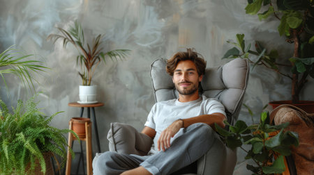 Handsome man relaxing in a comfortable armchair surrounded by indoor plants, creating a cozy and serene atmosphere in a stylish living space.の素材