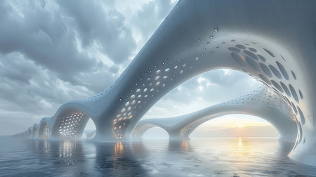 3D render of futuristic abstract architecture over a calm ocean with a beautiful sunrise, showcasing contemporary design and innovative structures.の素材