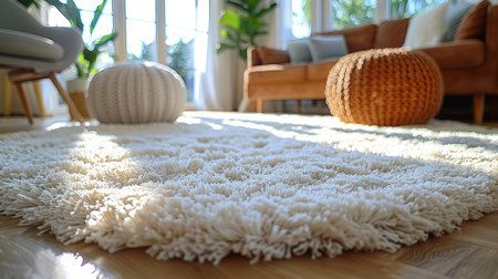 Bright and cozy living room featuring a fluffy carpet, stylish furniture, and natural light streaming in, creating a warm and inviting atmosphere.の素材