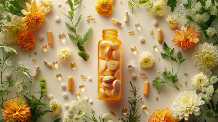 Assorted pills and herbs arranged artistically on a pale orange background, showcasing a natural healthcare and wellness concept, featuring botanical elements and supplements.の素材