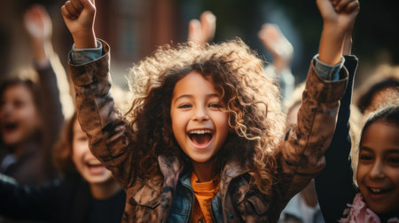 A group of happy, diverse, multiethnic kids celebrating together outdoors, expressing joy and excitement in a lively and vibrant setting.の素材