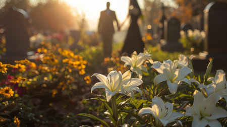 A couple holds hands near a granite tombstone surrounded by beautiful white lilies in a tranquil cemetery during sunset. Emotional and serene scene depicting love, remembrance, and peace.の素材