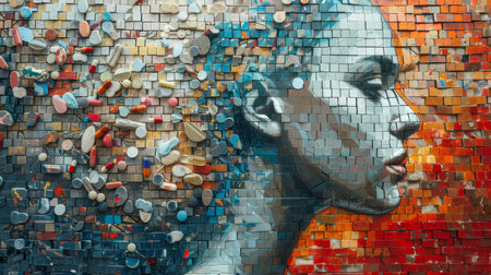 Surreal mosaic art portrait of a woman's profile made from multicolored pills and tiles, symbolizing medicine, creativity, and abstract beauty.の素材