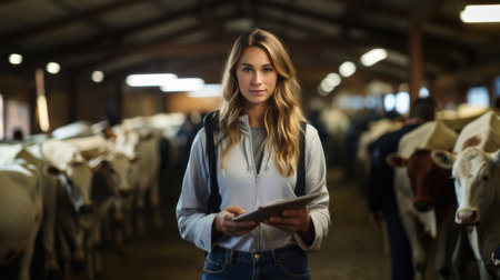 Young female farmer using a tablet while standing in a cattle barn. She is engaged in modern farming practices, ensuring the well-being of the livestock.の素材