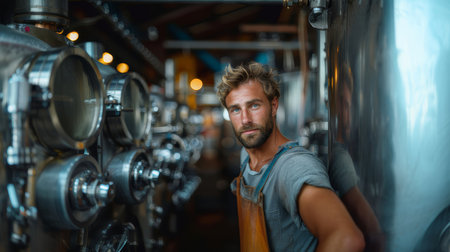 Man wearing an apron standing in a modern brewery with large stainless steel tanks, conveying professionalism and industrial craftsmanship.の素材