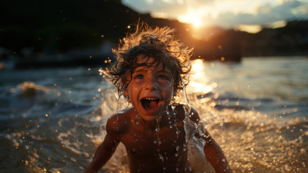 Joyful young boy splashing and playing in the water at sunset, expressing happiness and freedom.の素材