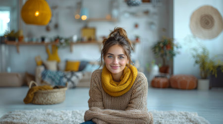 Smiling young woman enjoying her cozy living space with warm, stylish decor. Perfect for concepts of relaxation, happiness, and home comfort.の素材