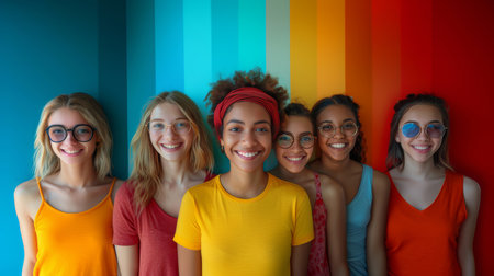 A group of diverse young women in casual clothing and glasses, smiling against a vibrant, colorful background. Celebrating diversity, friendship, and happiness.の素材