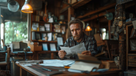 Frustrated man holding documents and seeking help while sitting in a cozy home office environment, surrounded by books and papers.の素材