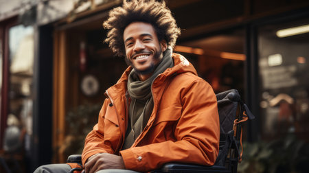 Happy man in a wheelchair wearing an orange jacket, enjoying city life. Concept of inclusivity, accessibility, and positive mindset.の素材