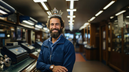 A happy doctor with a beard and crown, standing confidently in a modern clinic setting, showcasing professionalism and joy.の素材