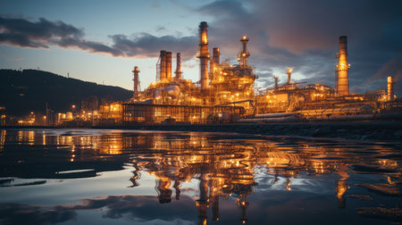 Illuminated petrochemical refinery at sunset with its reflection in water, showcasing industrial beauty and technological advancement.の素材