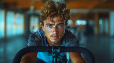 Fit young man in sportswear intensely working out at the gym, focused on his fitness goals and health.の素材