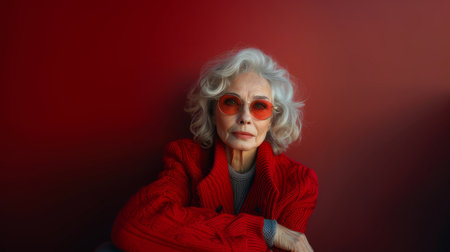 Fashionable elderly woman wearing stylish eyeglasses and a red outfit against a red background. She exudes confidence and grace, blending modern fashion with timeless elegance.の素材