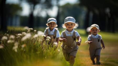 Three cute kids joyfully playing on a beautiful golf course, running through the grass on a sunny day.の素材