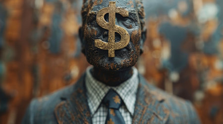 Abstract image of a businessman in a suit with a dollar sign on his head symbolizing wealth, greed, and financial focus.の素材