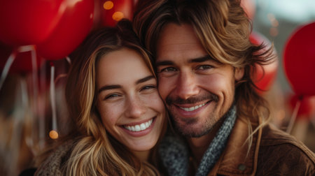 Happy young couple smiling and embracing while celebrating with vibrant red balloons. Love, joy, and togetherness in a festive atmosphere.の素材