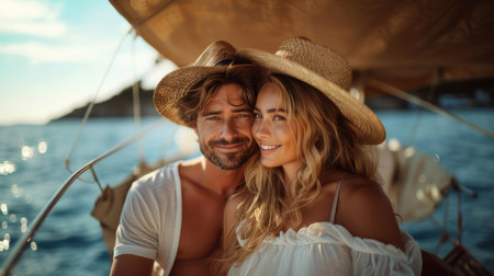 Happy couple enjoying a romantic and relaxing boat trip, embracing love and togetherness under the sun.の素材