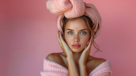 Portrait of a beautiful young woman with towel on head, wearing a cozy sweater, standing against a pink background. Beauty, skincare, and freshness concept.の素材
