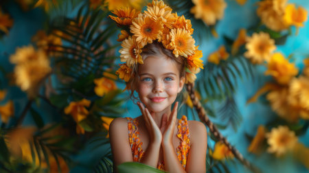 Charming young girl with a flower crown, smiling amidst vibrant orange flowers and lush green foliage. Capturing the essence of joy and nature.の素材