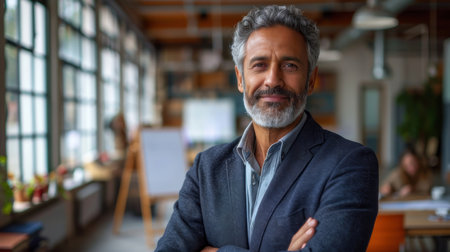 Portrait of a confident, mature businessman standing in a modern office with natural light and stylish decor.の素材
