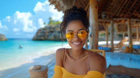 Happy young woman with sunglasses enjoying a sunny day at a beachside resort. Relaxed and smiling, she embodies holiday joy and relaxation.の素材