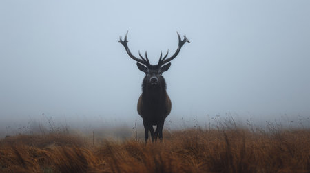 A stunning silhouette of a majestic red deer stag standing in a misty landscape, evoking a sense of wilderness and serenity.の素材