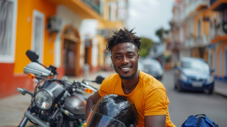Confident African American man in a yellow shirt holding helmet, smiling beside motorcycle on a colorful street, exuding positivity and adventure.の素材