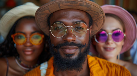 Close-up of a stylish African American man wearing retro sunglasses and a hat, posing with two friends outdoors. Embracing fashion and friendship in a vibrant setting.の素材