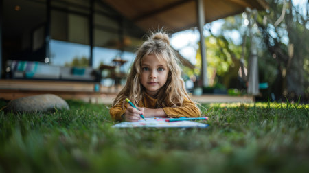 Cute little girl sitting on grass drawing outside a cozy home on a sunny day, showcasing creativity and childhood innocence.の素材