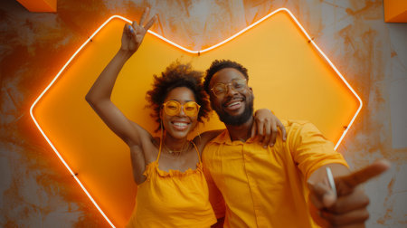 Happy African-American couple wearing matching yellow outfits, smiling and showing peace signs, posing against a vibrant neon orange heart-shaped background.の素材