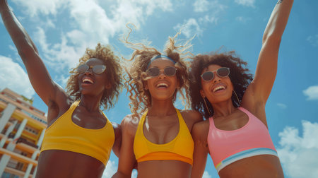 Three joyful young women in athletic wear having fun on a sunny day, expressing happiness and friendship.の素材