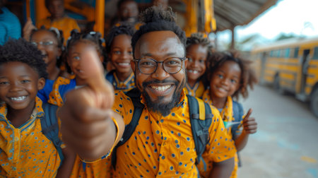 Joyful teacher and excited students in matching uniforms smiling and giving thumbs up outdoors, showing school spirit and unity.の素材