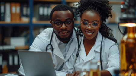 Smiling male and female engineers working together in a laboratory setting with a laptop. They appear focused and enthusiastic about their work.の素材