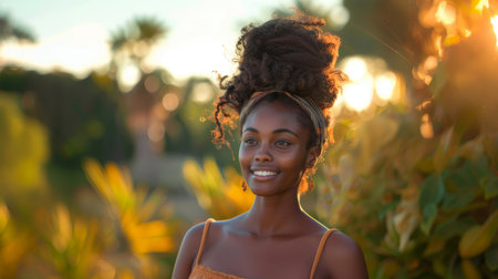 A side portrait of a smiling young woman standing outdoors with natural sunlight, creating a warm, cheerful atmosphere.の素材