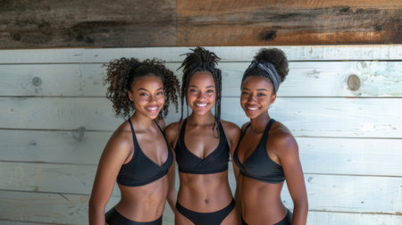 Three happy women with diverse body types wearing black swimwear, smiling and posing together in a naturally lit environment.の素材