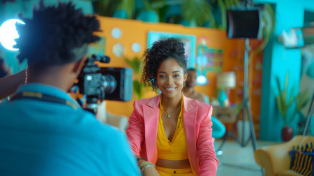 Young Black female host wearing a pink blazer and yellow top, recording in a colorful studio. Bright and engaging setup for content creation or television.の素材