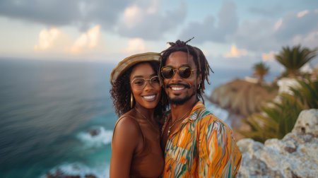 Young Black couple enjoying a vacation, smiling and posing for a selfie with a beautiful ocean view in the background.の素材