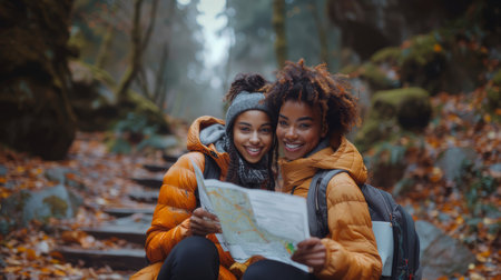 Two young women enjoying a hike in an autumn forest, reading a map and smiling. Outdoor adventure, friendship, and exploration.の素材