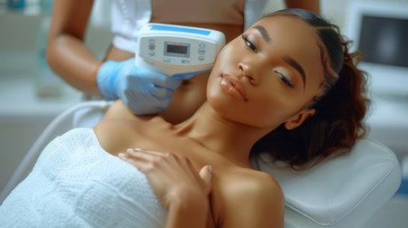 Young woman receiving ultrasound cavitation therapy in a tranquil spa. Focus on relaxation, beauty, and skincare technology.の素材