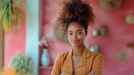 Confident young businesswoman with arms crossed, smiling in a modern office setting with stylish decor and plants.の素材