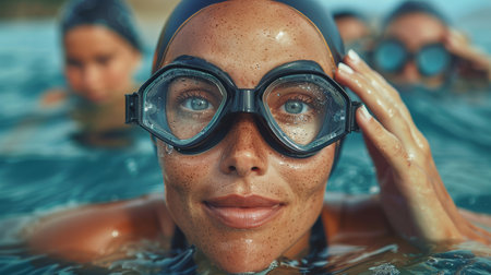 Mature woman in swimming goggles and cap, preparing to swim in the ocean, displaying confidence and readiness in the water.の素材
