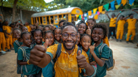 Joyful teacher and group of students showing thumbs up in the schoolyard, celebrating a successful school day with a colorful bus and cheerful decorations in the background.の素材