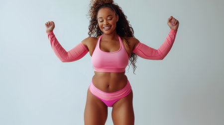 Beautiful smiling plus size woman in pink sportswear with hands up showing happiness and confidence. Embracing body positivity and healthy lifestyle.の素材
