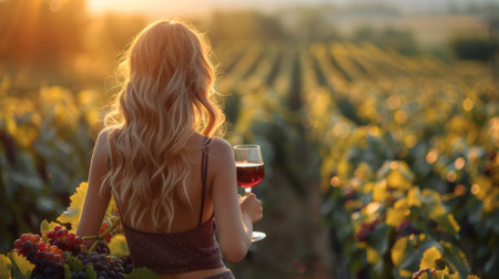 A young woman with long blonde hair enjoys a glass of red wine while standing in a picturesque vineyard at sunset.の素材