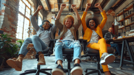 Happy business team celebrating success in a stylish, modern office. Three joyful colleagues raising their hands in excitement.の素材