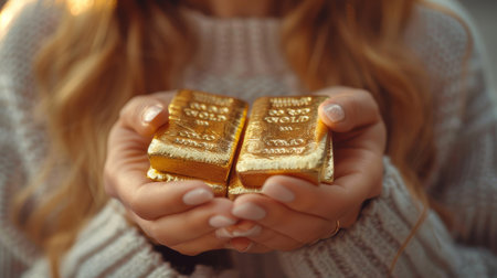 Close-up of a woman holding two gold bars in her hands, symbolizing wealth and investment. Grey textured background in the stock photo.の素材