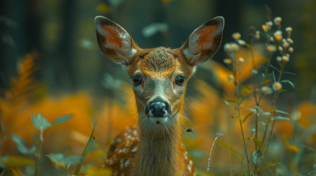 A close-up image of a curious deer in a lush forest surrounded by autumn colors, looking directly at the camera.の素材