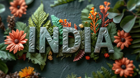 Decorative text of 'India' surrounded by vibrant floral elements and leaves in white, orange, and green colors.の素材